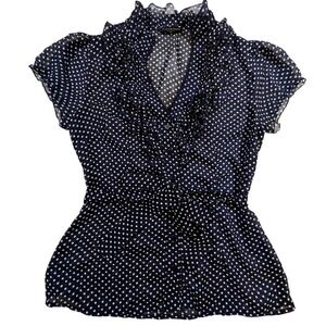 Sheer Polka Dot Ruffle Button Up Blouse – Women's M Navy Twenty One